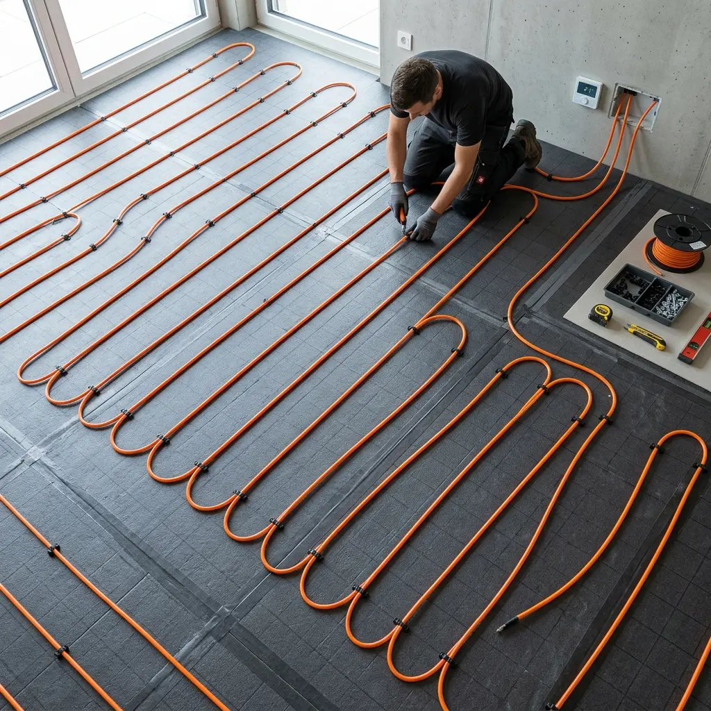 Förläggning av värmekabel inför flytspackling vid golvvärmeinstallation