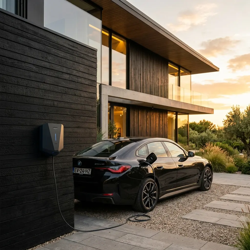 Easee charge lite ev charger installed on a modern dark facade