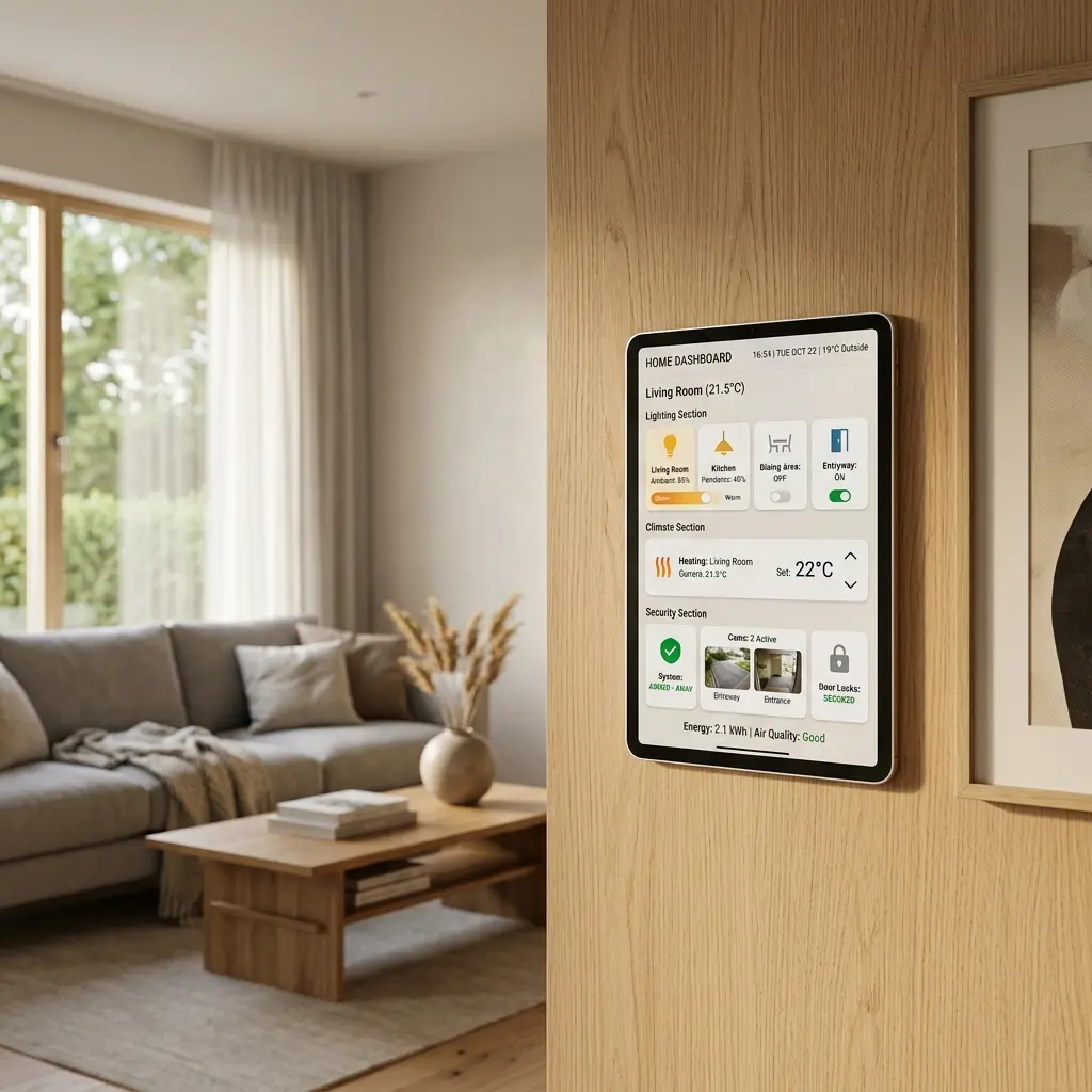 Modern smarta hem installation med tablet på väggen
