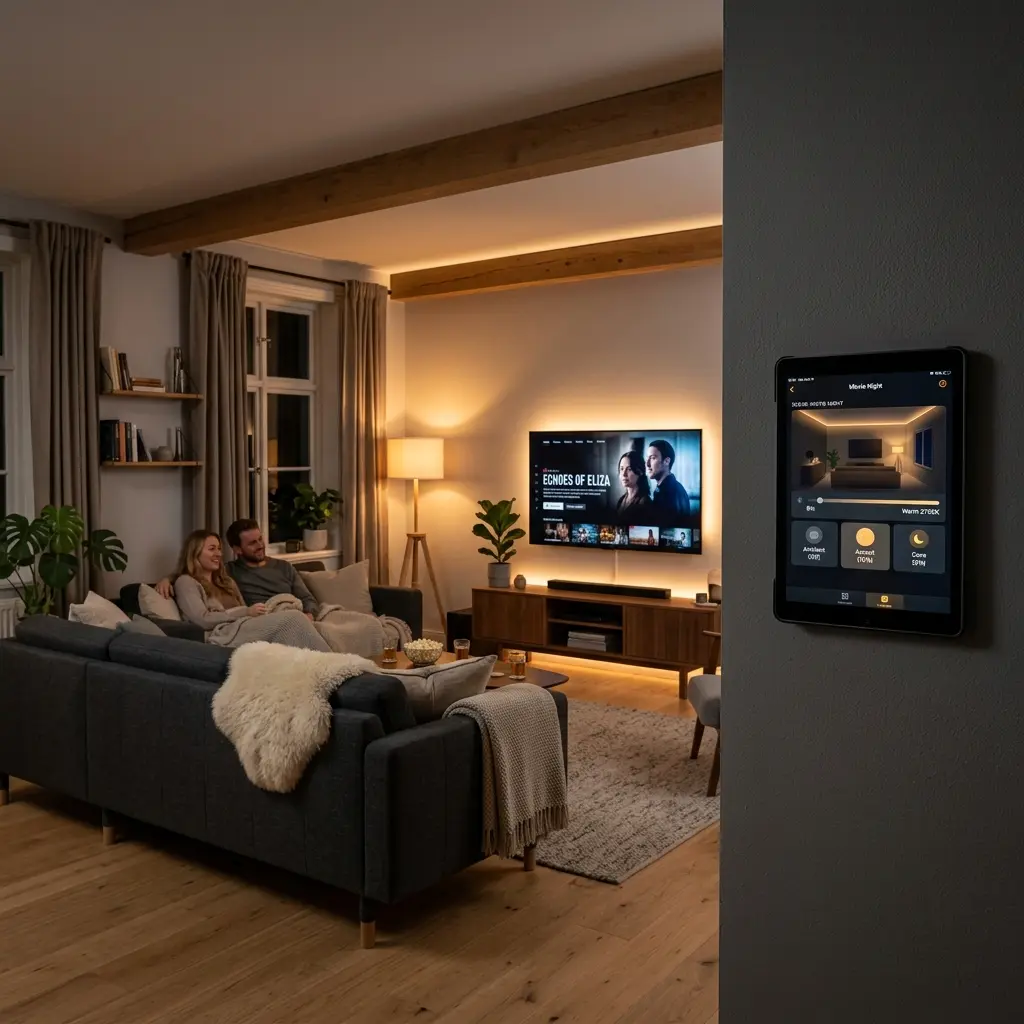 Mysigt vardagsrum med smart LED-belysning och automatiserad stämningsbelysning för filmkväll