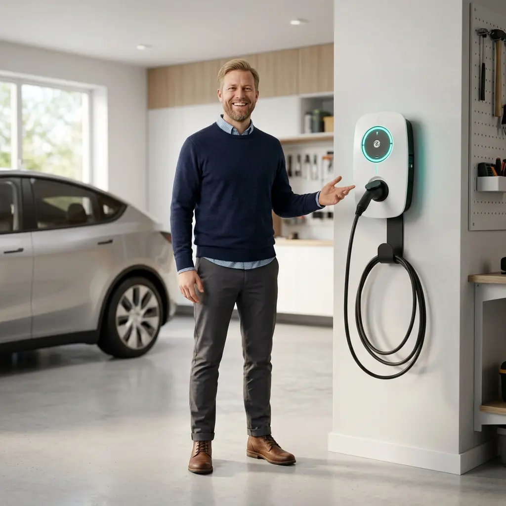 Nöjd kund i garage bredvid sin nyligen installerade Zaptec Go laddbox från Smista Elinstallation