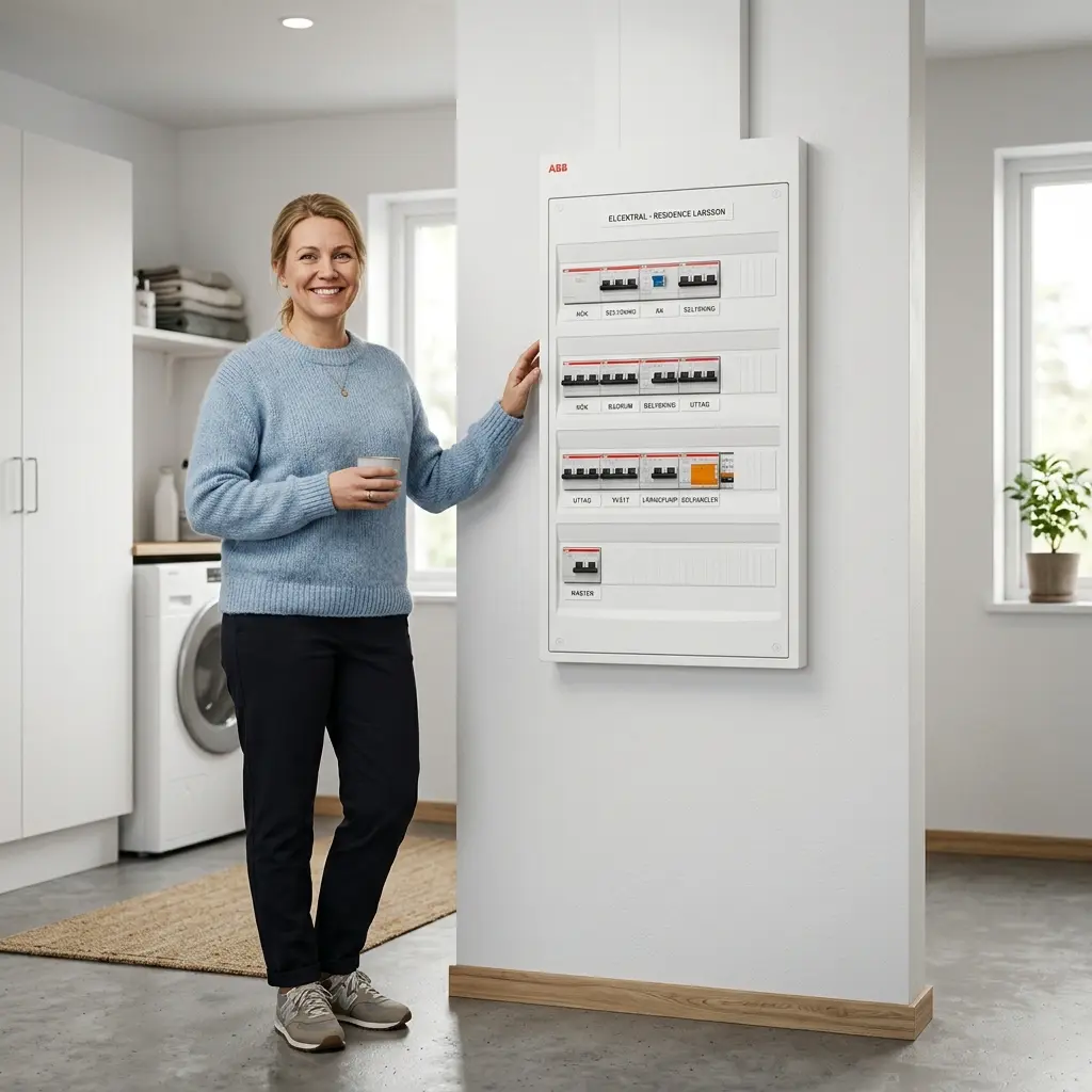 Nöjd kund som stolt visar upp en modern, säker och professionellt uppmärkt elcentral bytt av Smista Elinstallation