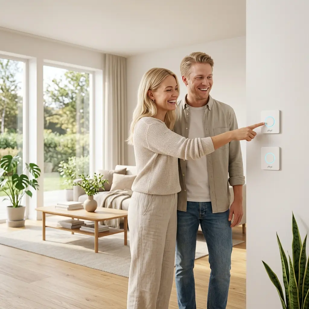 Par i vardagsrum som nöjt testar sina nya Plejd smarta strömbrytare installerade av Smista Elinstallation