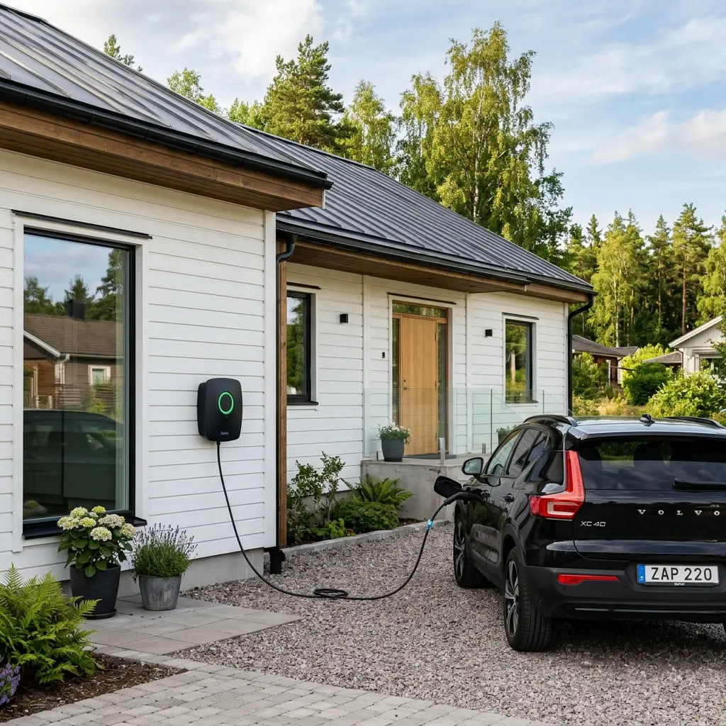 Zaptec Go ev charger home charger installed on a beautiful white wooden villa